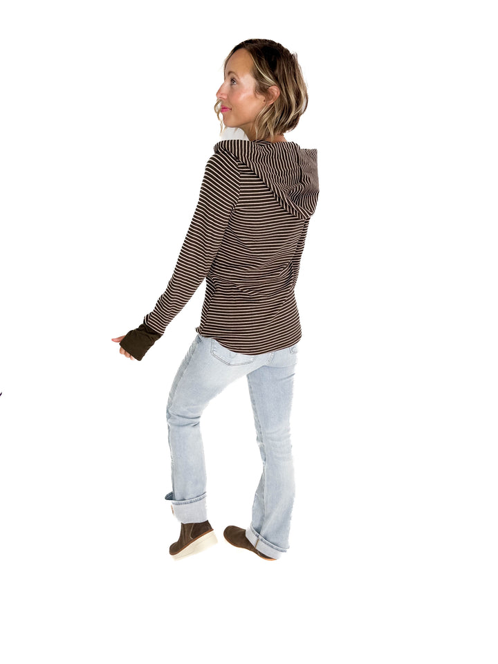 Juniper Henley Ribbed Hooded Top- OLIVE