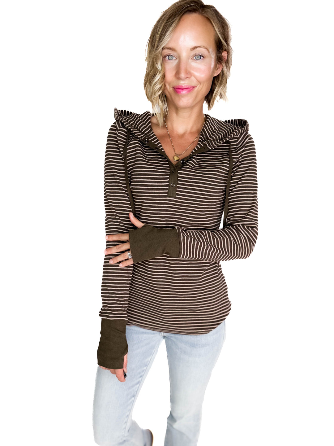 Juniper Henley Ribbed Hooded Top- OLIVE