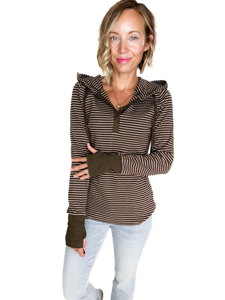 Juniper Henley Ribbed Hooded Top- OLIVE
