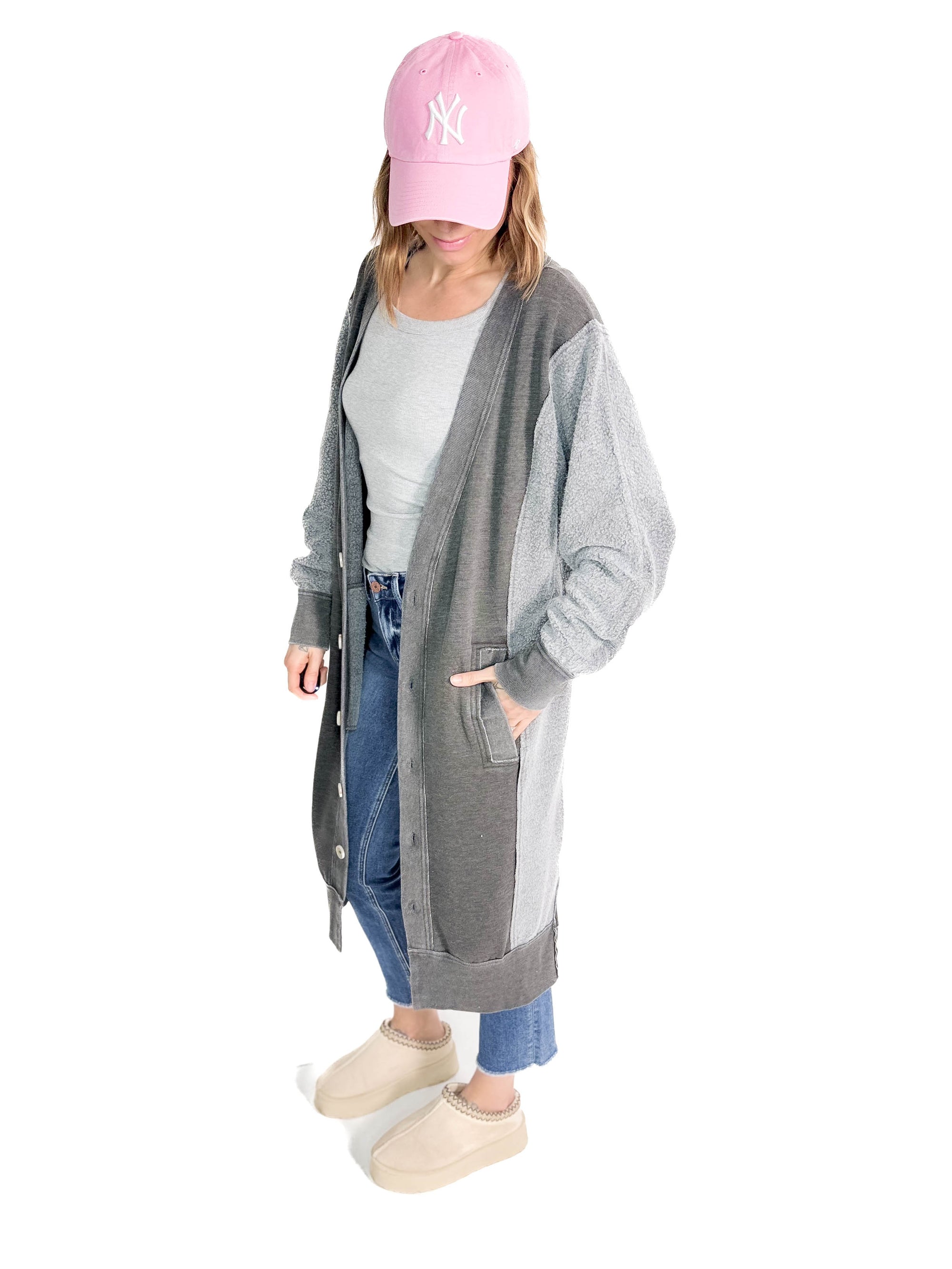 Desi Sweatshirt Cardigan- CHARCOAL