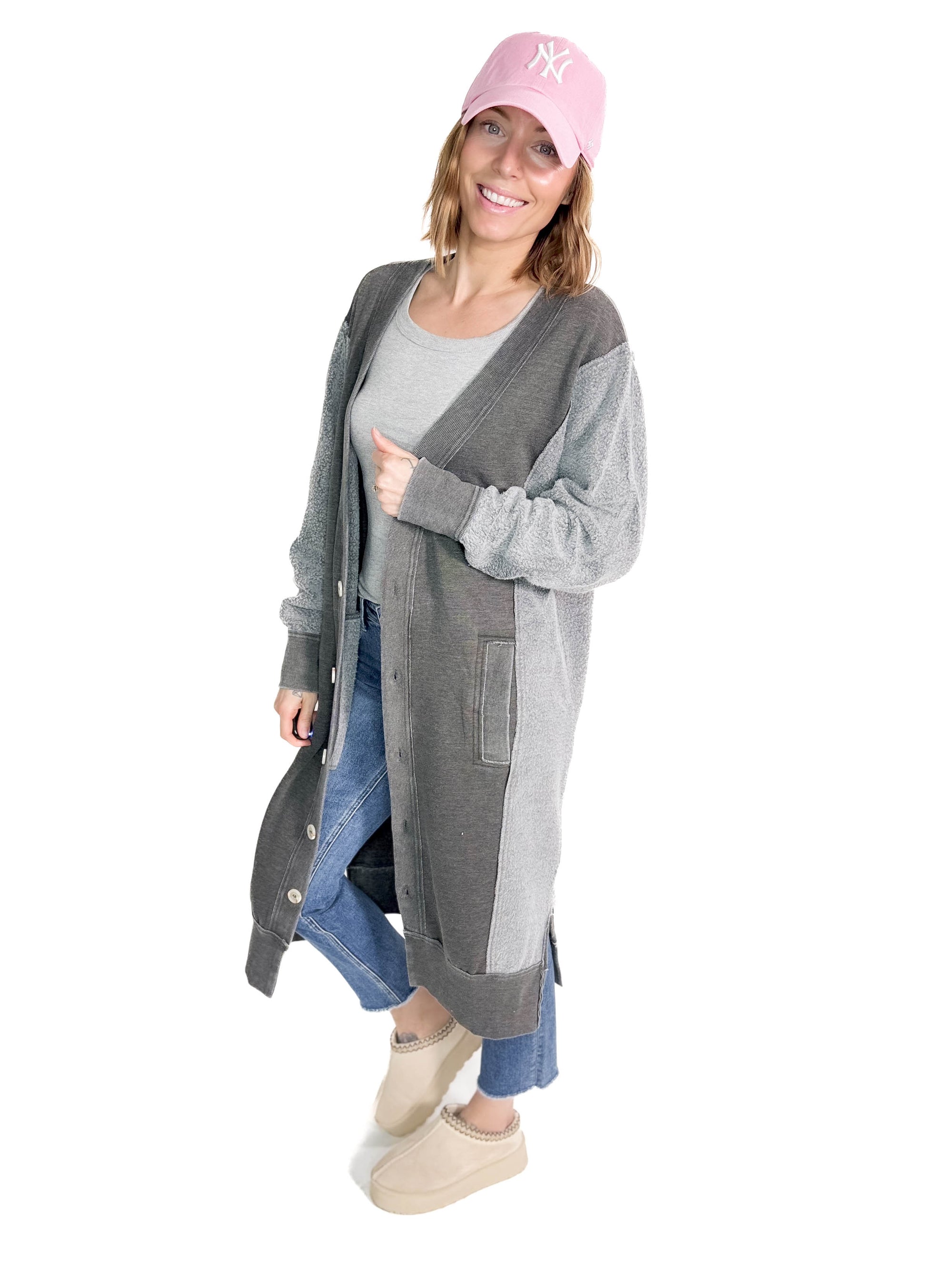 Desi Sweatshirt Cardigan- CHARCOAL