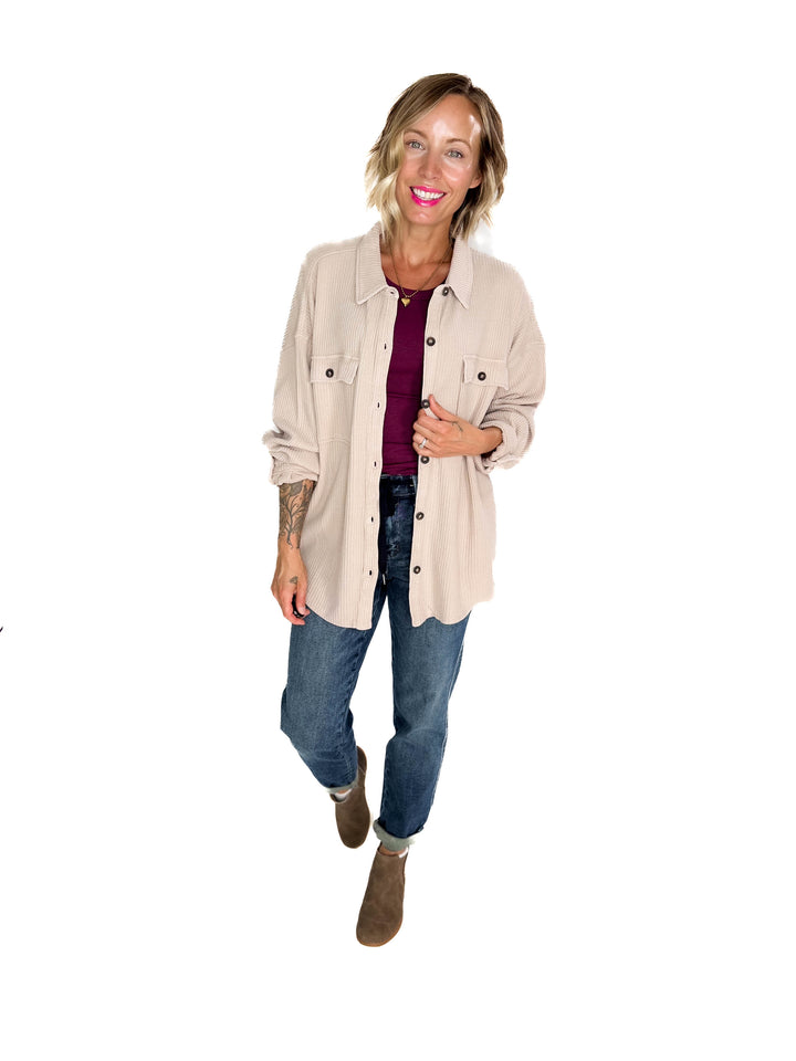 Ivy Waffle Shacket- DARK TAUPE