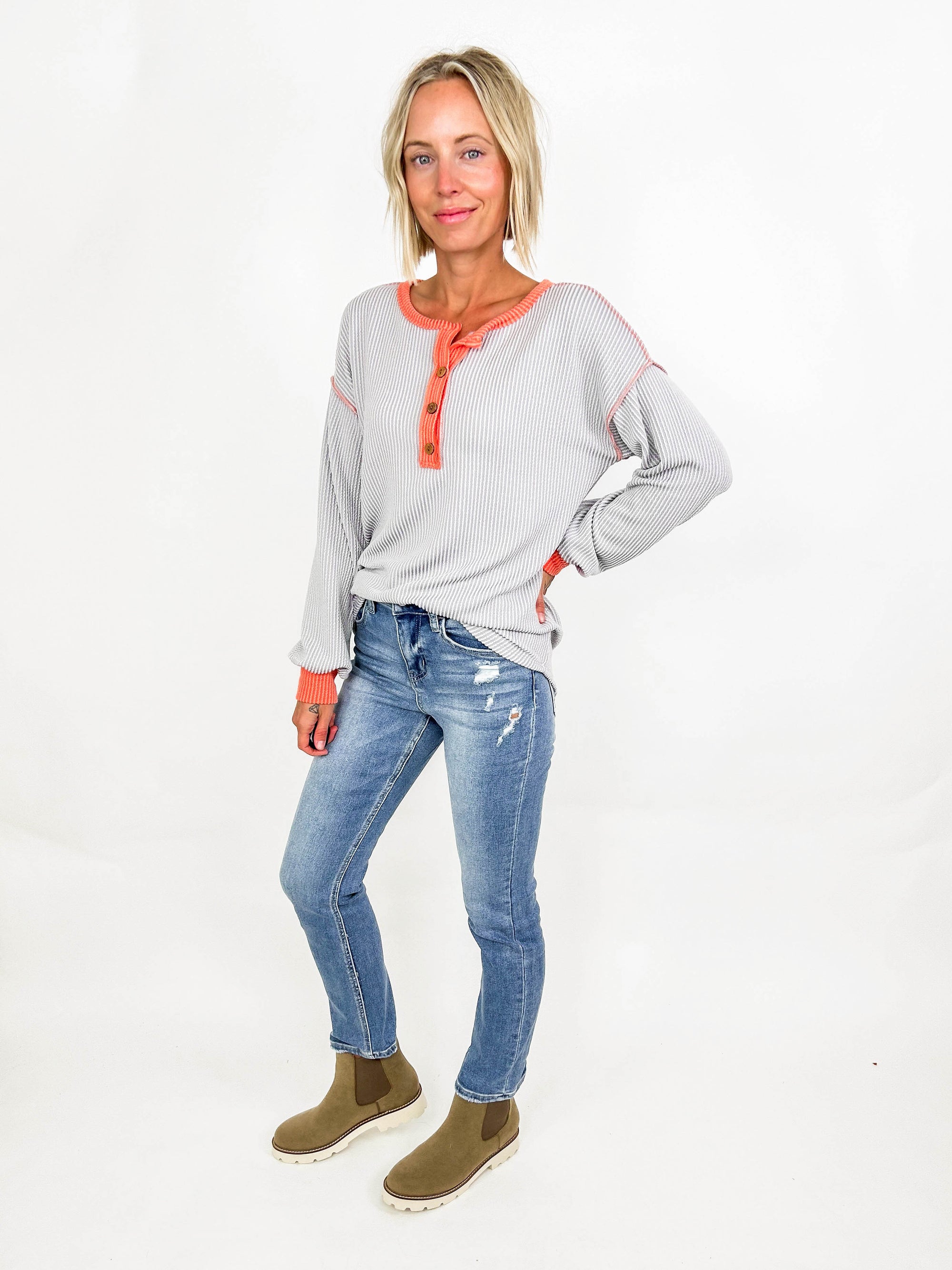 Oahu Ribbed Button Long Sleeve - GREY/CORAL