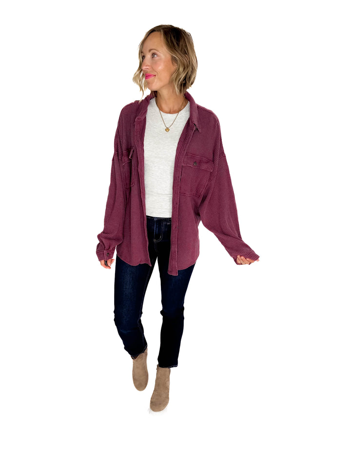 Ivy Waffle Shacket- DARK CHERRY
