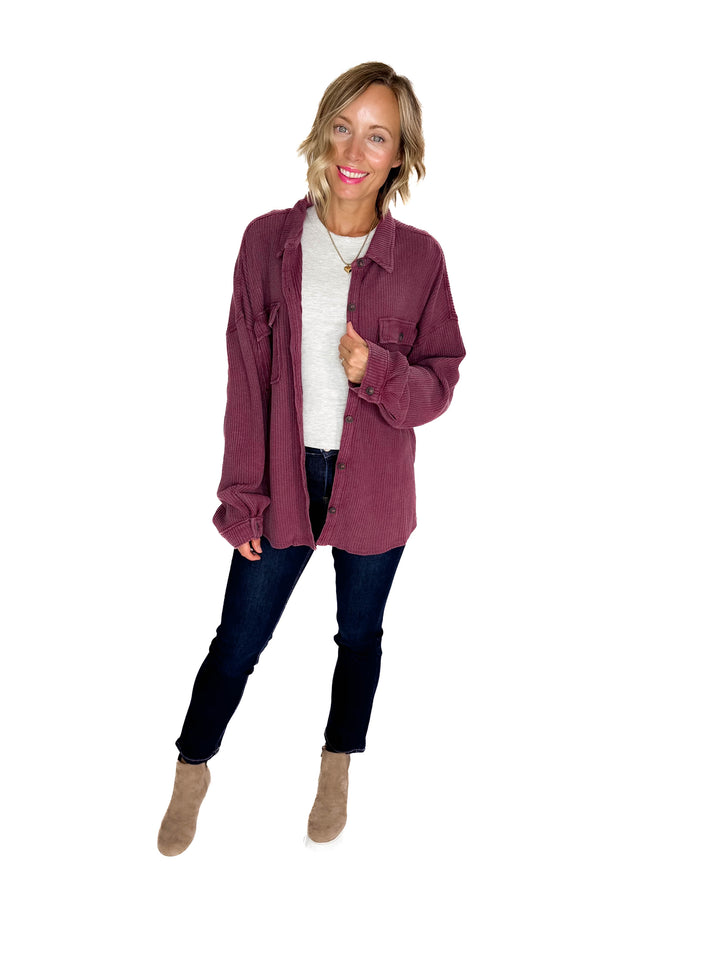 Ivy Waffle Shacket- DARK CHERRY