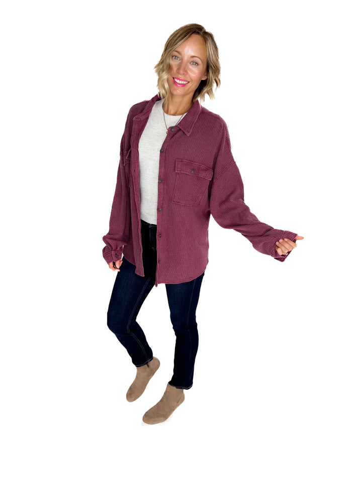 Ivy Waffle Shacket- DARK CHERRY