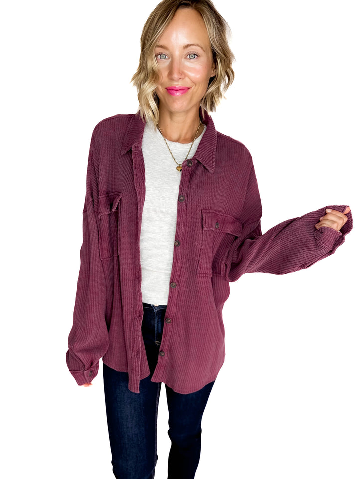Ivy Waffle Shacket- DARK CHERRY