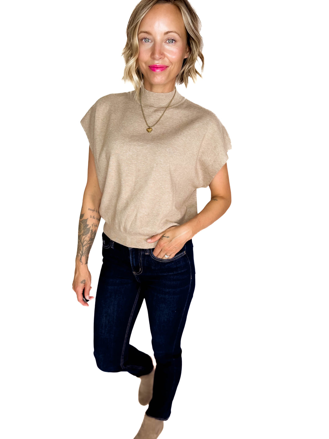 Scarlett Mock Neck Sweater Top- OATMEAL