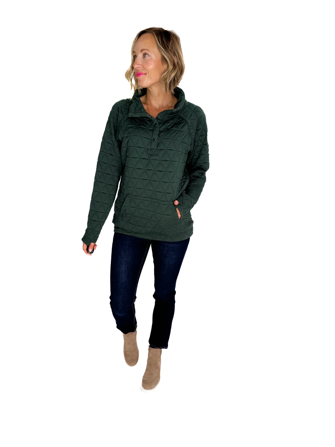 MICHELLE MAE Georgia Quilted Snap Button Pullover- HUNTER GREEN **PRE-ORDER ETA SPET 10**