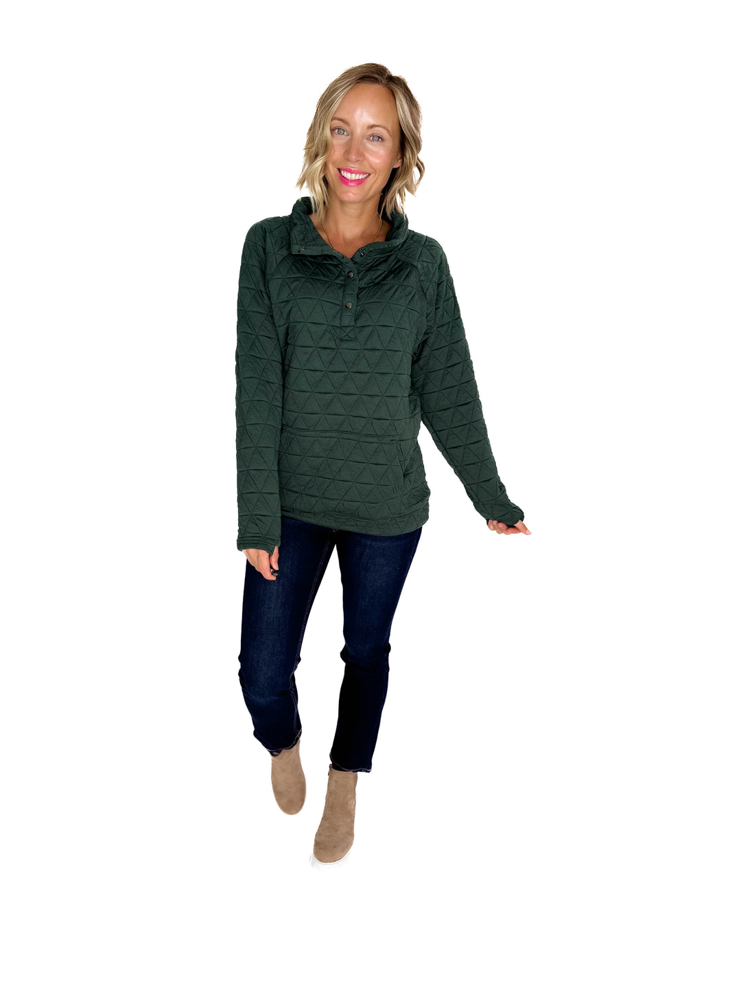 MICHELLE MAE Georgia Quilted Snap Button Pullover- HUNTER GREEN **PRE-ORDER ETA SPET 10**