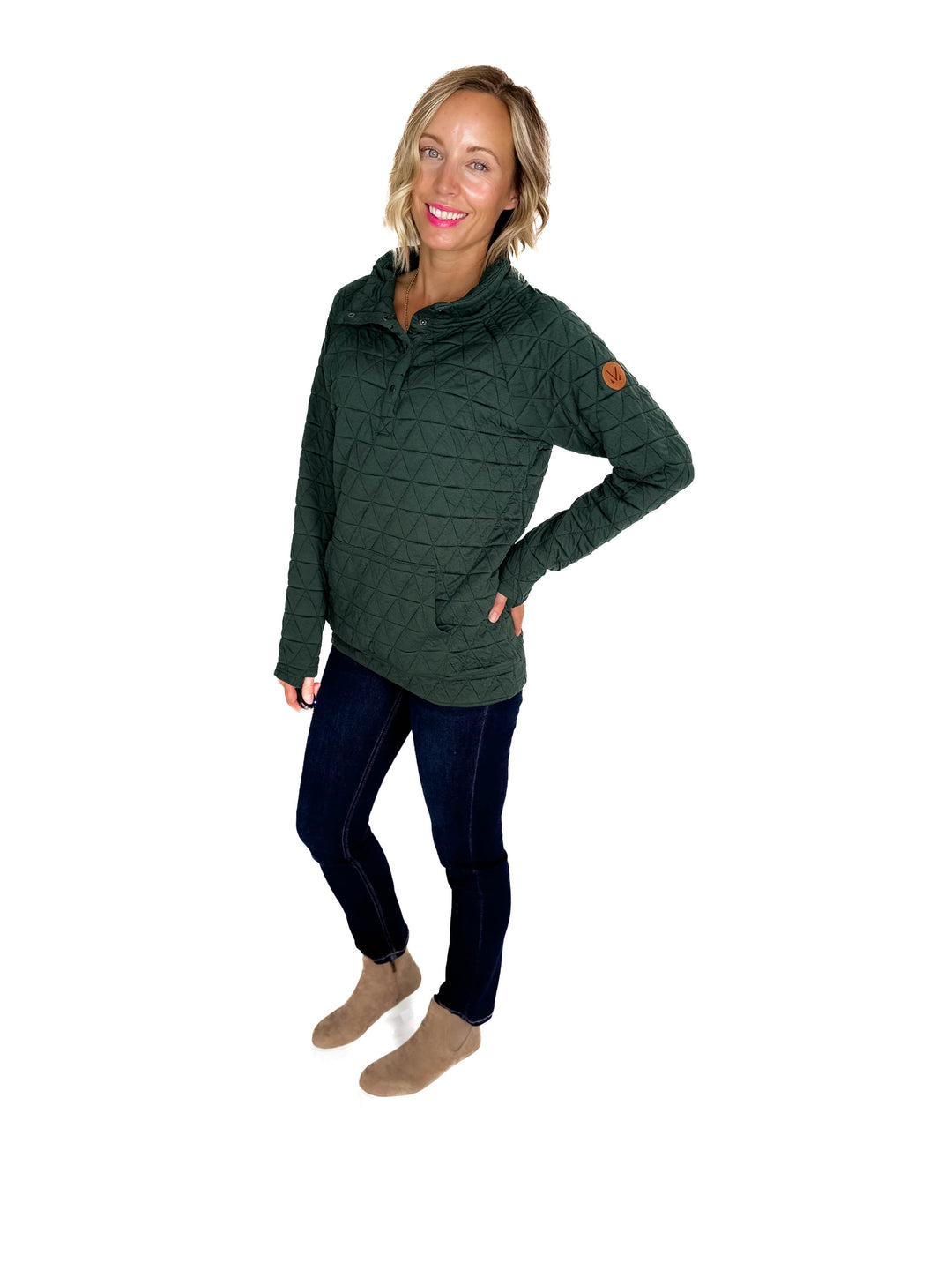 MICHELLE MAE Georgia Quilted Snap Button Pullover- HUNTER GREEN **PRE-ORDER ETA SPET 10**