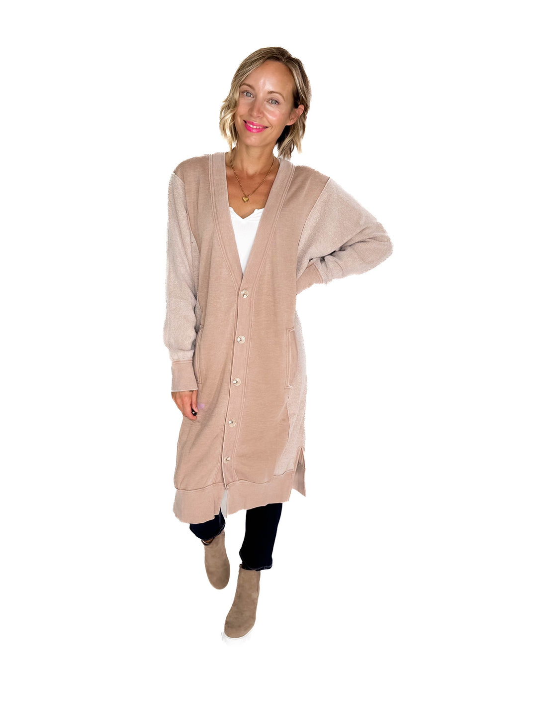 Desi Sweatshirt Cardigan- TAUPE