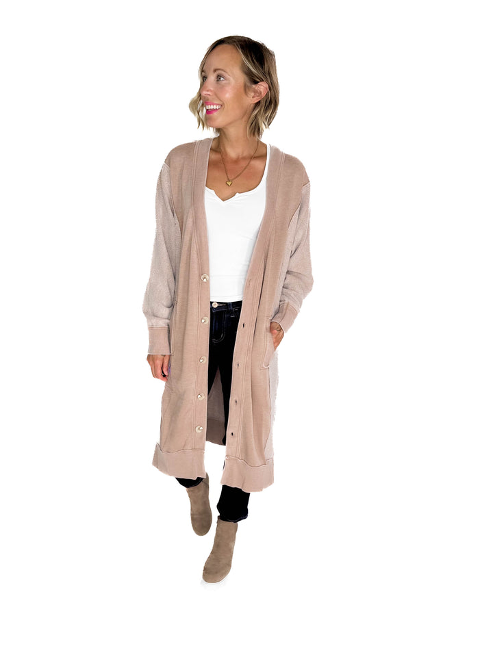 Desi Sweatshirt Cardigan- TAUPE