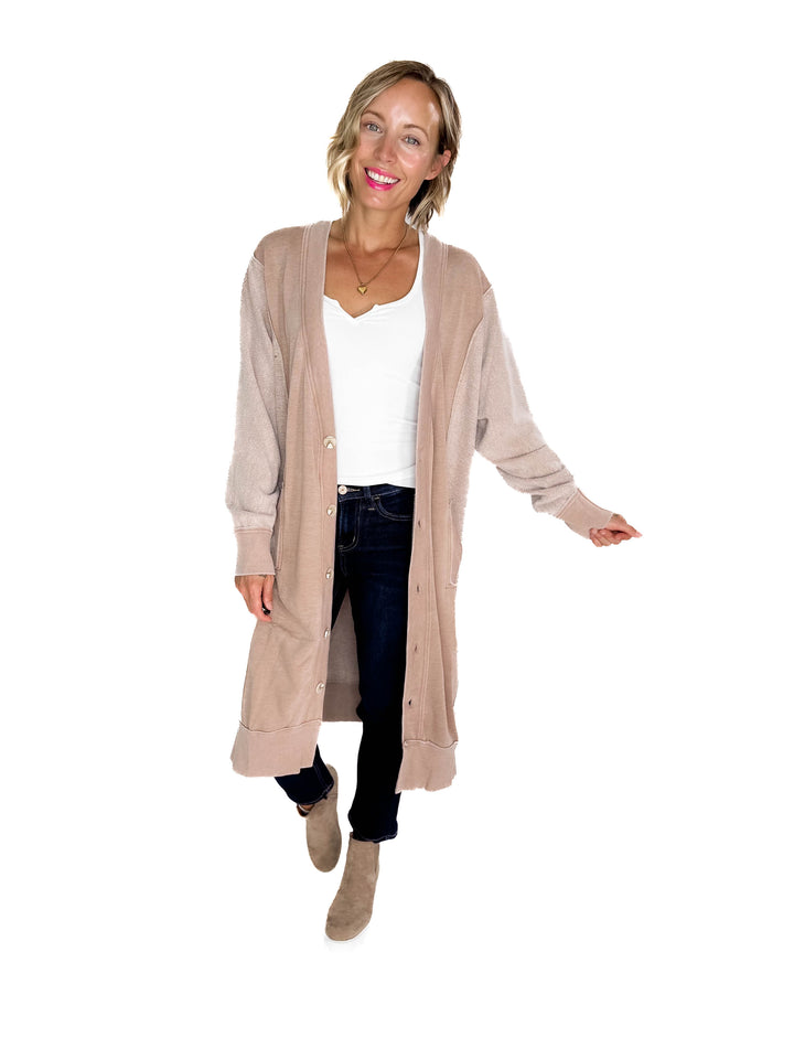 Desi Sweatshirt Cardigan- TAUPE