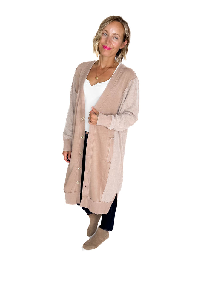 Desi Sweatshirt Cardigan- TAUPE