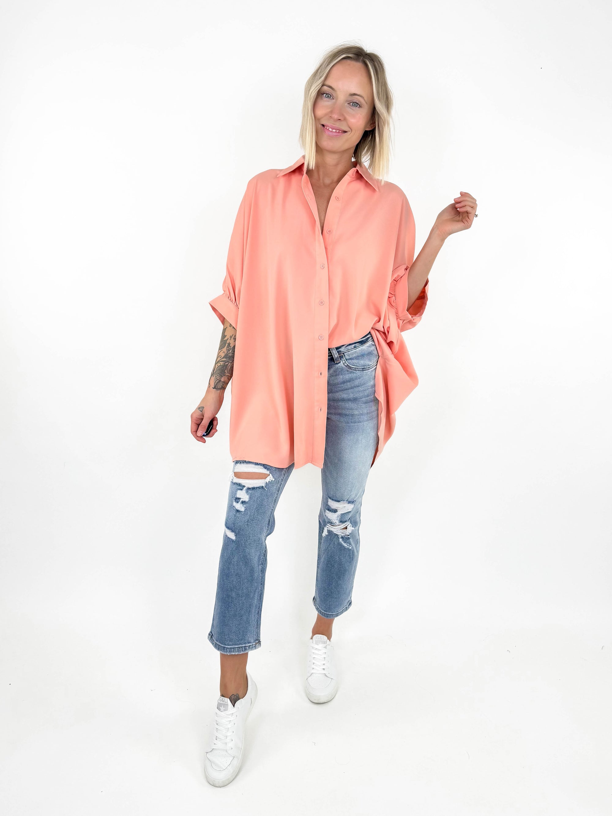 Milner Relaxed Button Down Top- PEACH