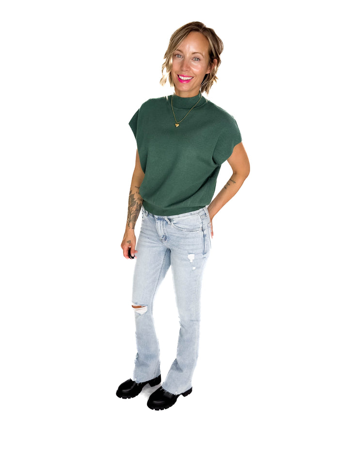 Scarlett Mock Neck Sweater Top- HUNTER GREEN