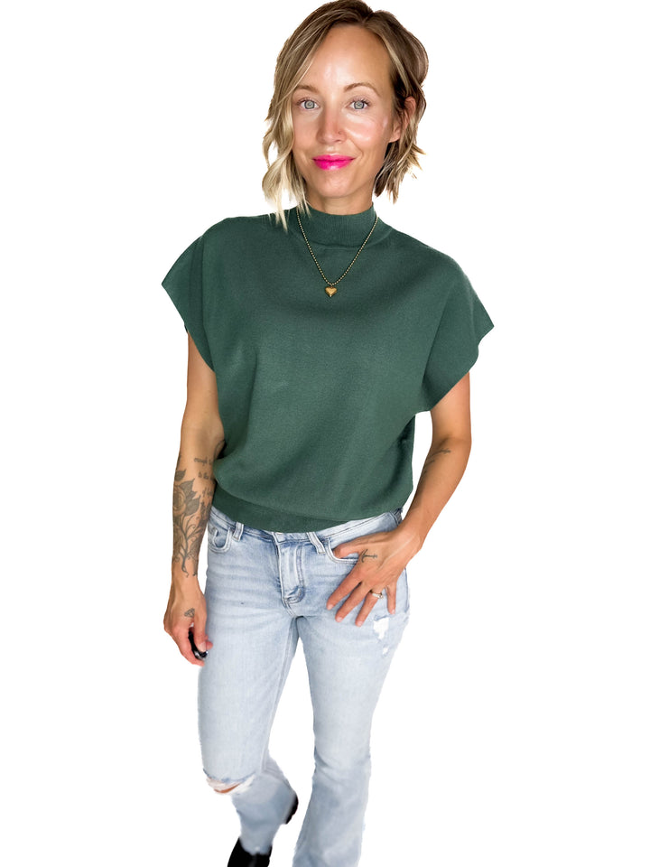Scarlett Mock Neck Sweater Top- HUNTER GREEN