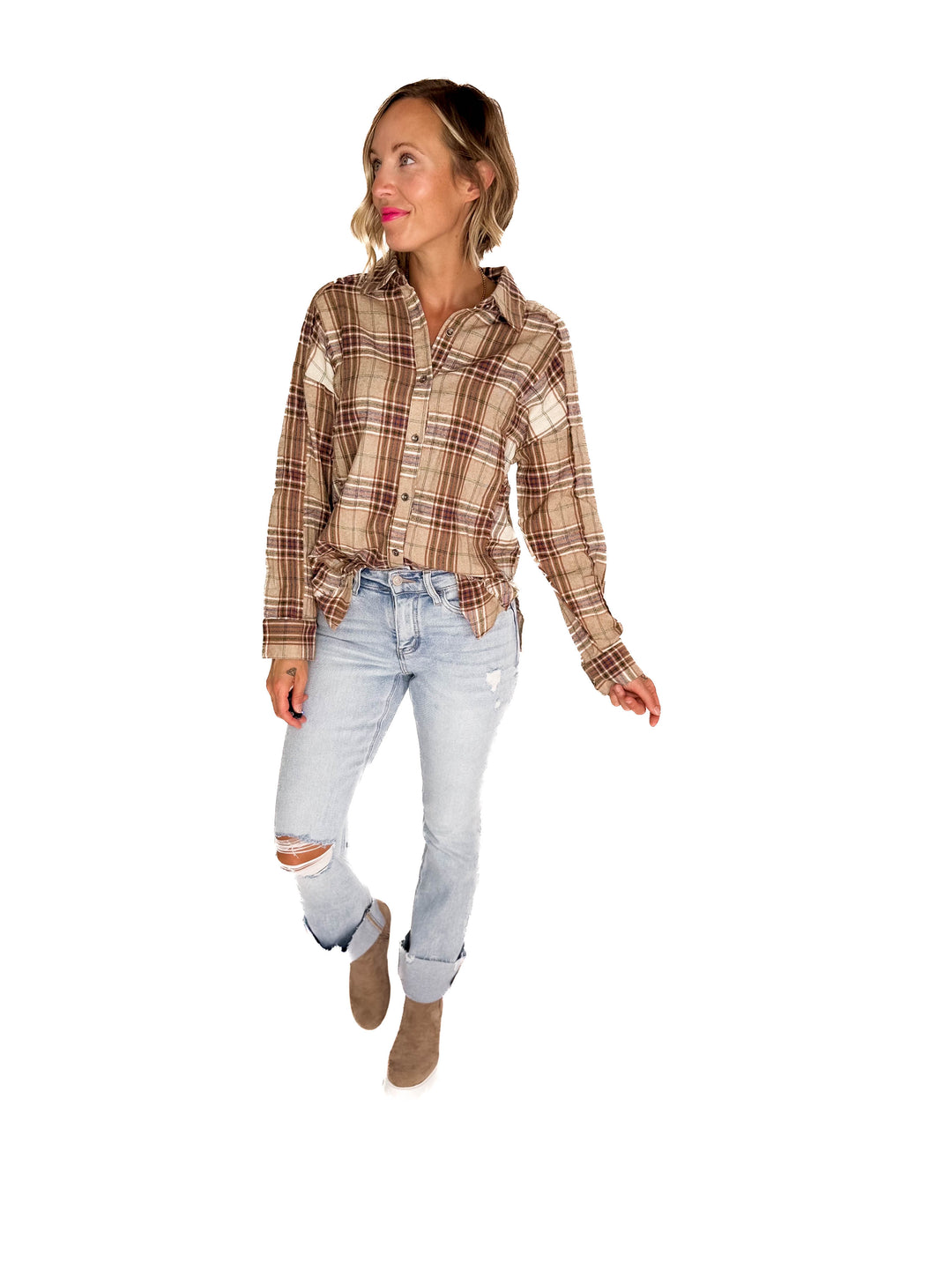 Renner Plaid Top- TAUPE