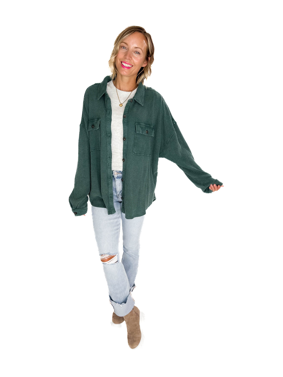 Ivy Waffle Shacket- DEEP GREEN