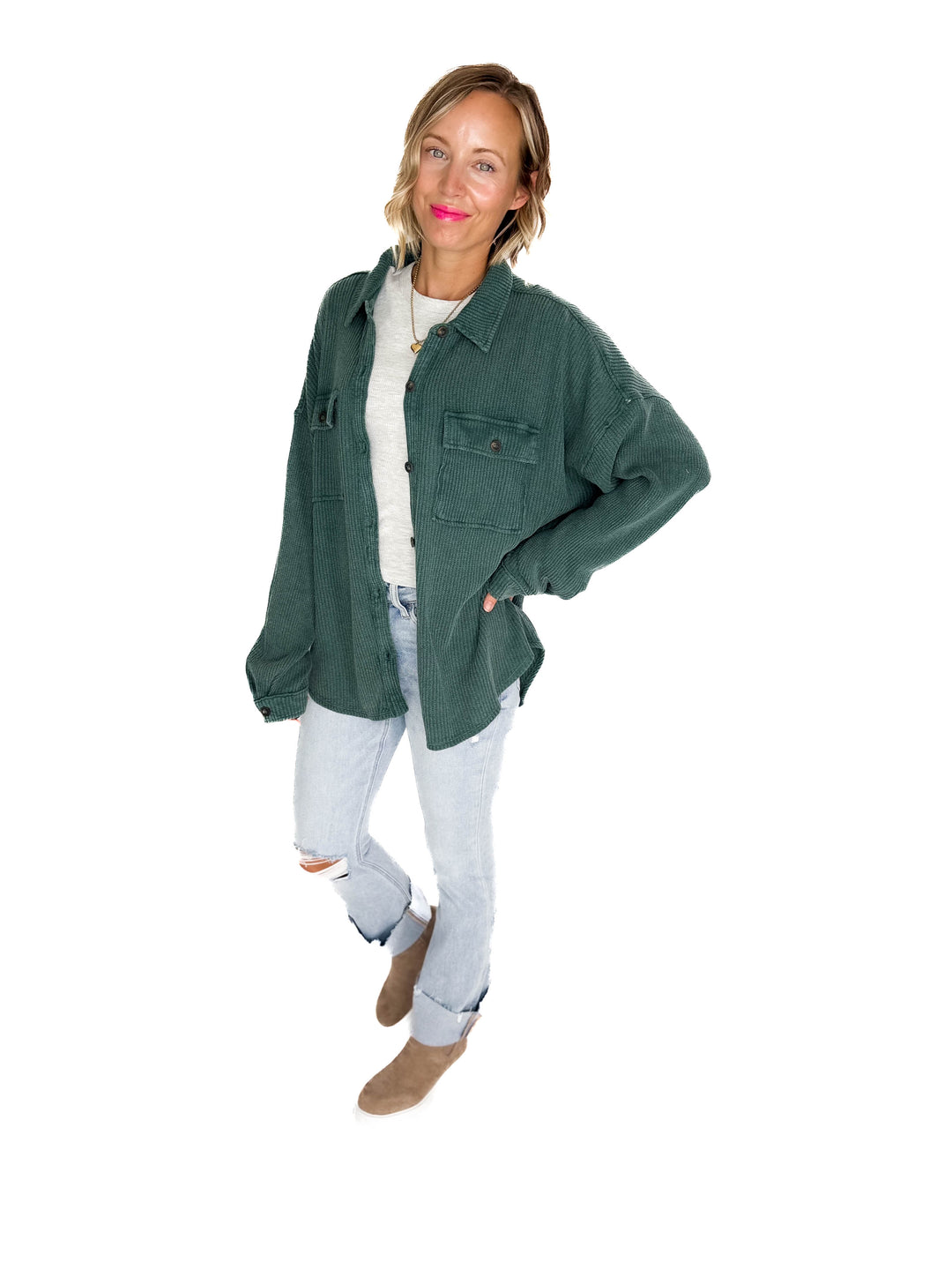 Ivy Waffle Shacket- DEEP GREEN