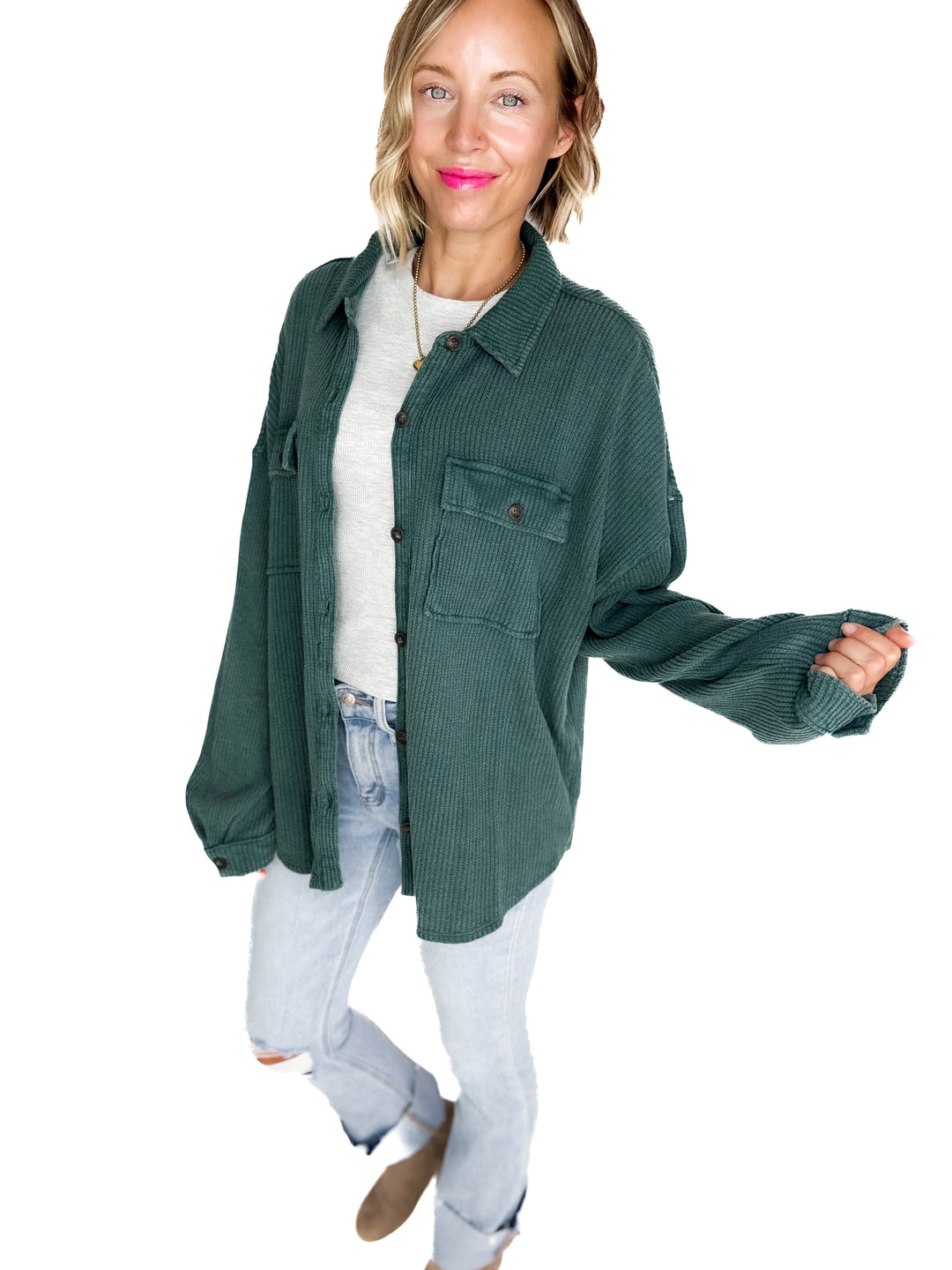 Ivy Waffle Shacket- DEEP GREEN