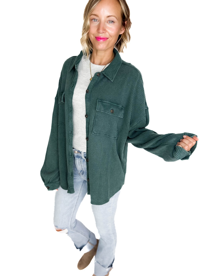 Ivy Waffle Shacket- DEEP GREEN