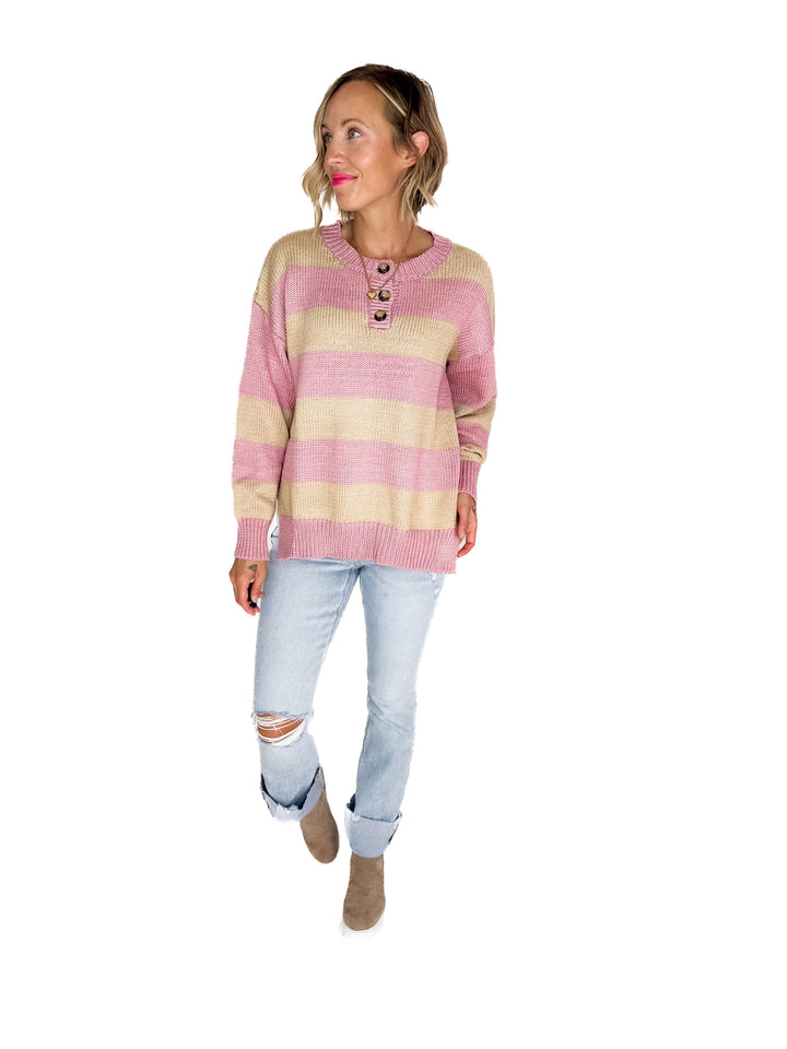 Tracly Striped Button Up Knit Sweater- MAUVE/TAUPE-FINAL SALE