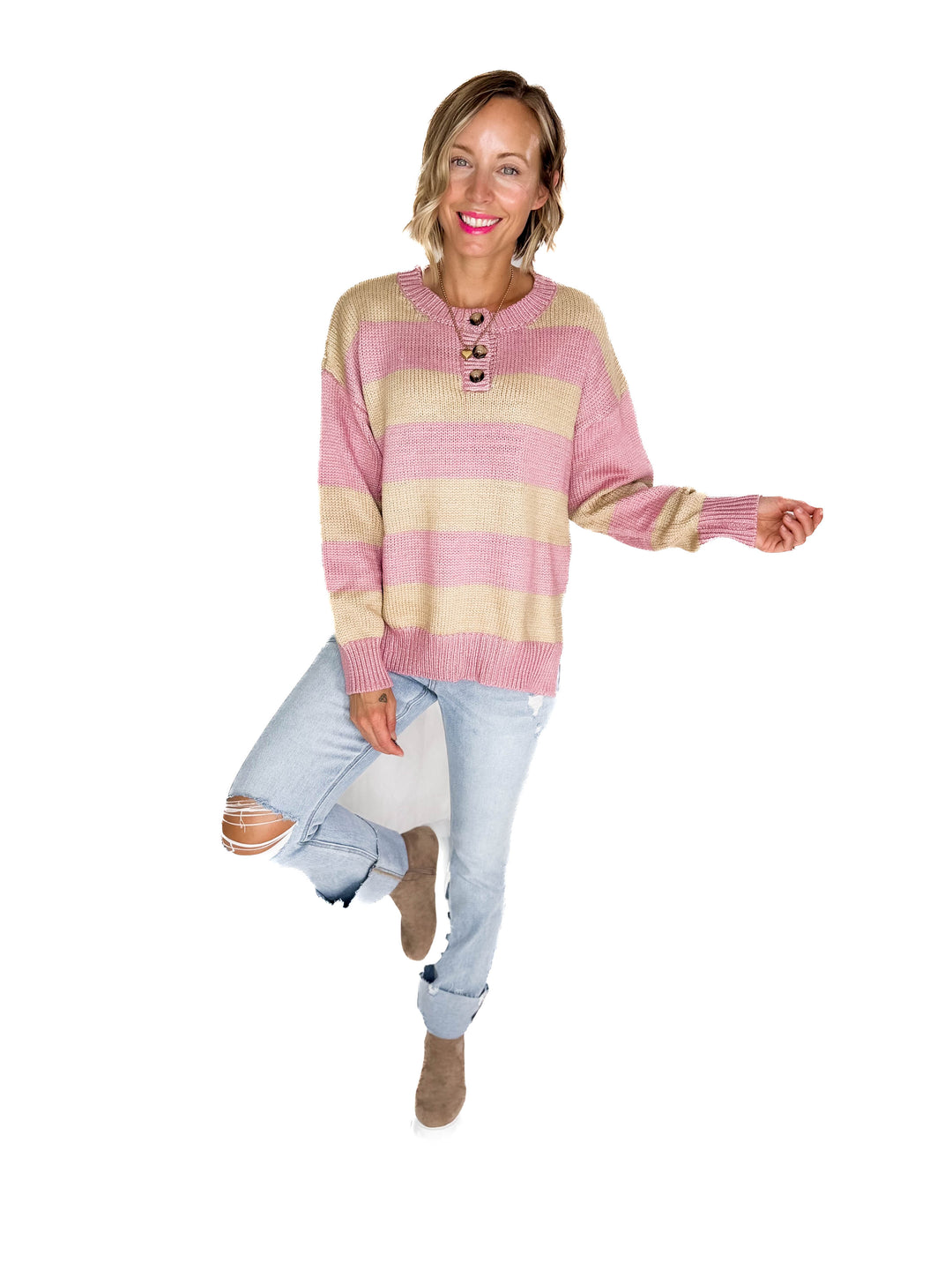 Tracly Striped Button Up Knit Sweater- MAUVE/TAUPE-FINAL SALE