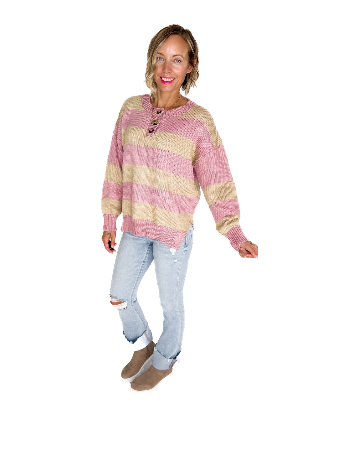 Tracly Striped Button Up Knit Sweater- MAUVE/TAUPE-FINAL SALE