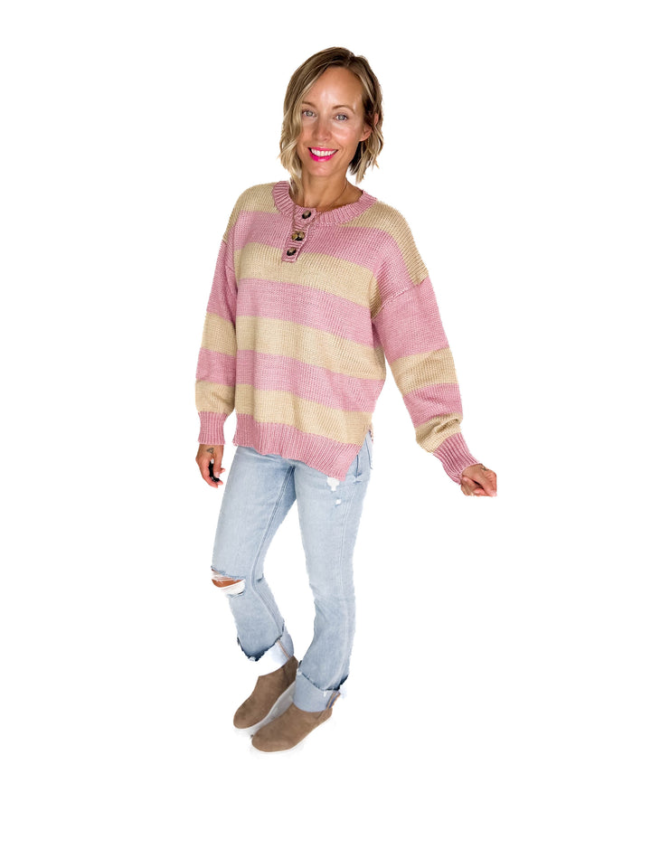Tracly Striped Button Up Knit Sweater- MAUVE/TAUPE-FINAL SALE
