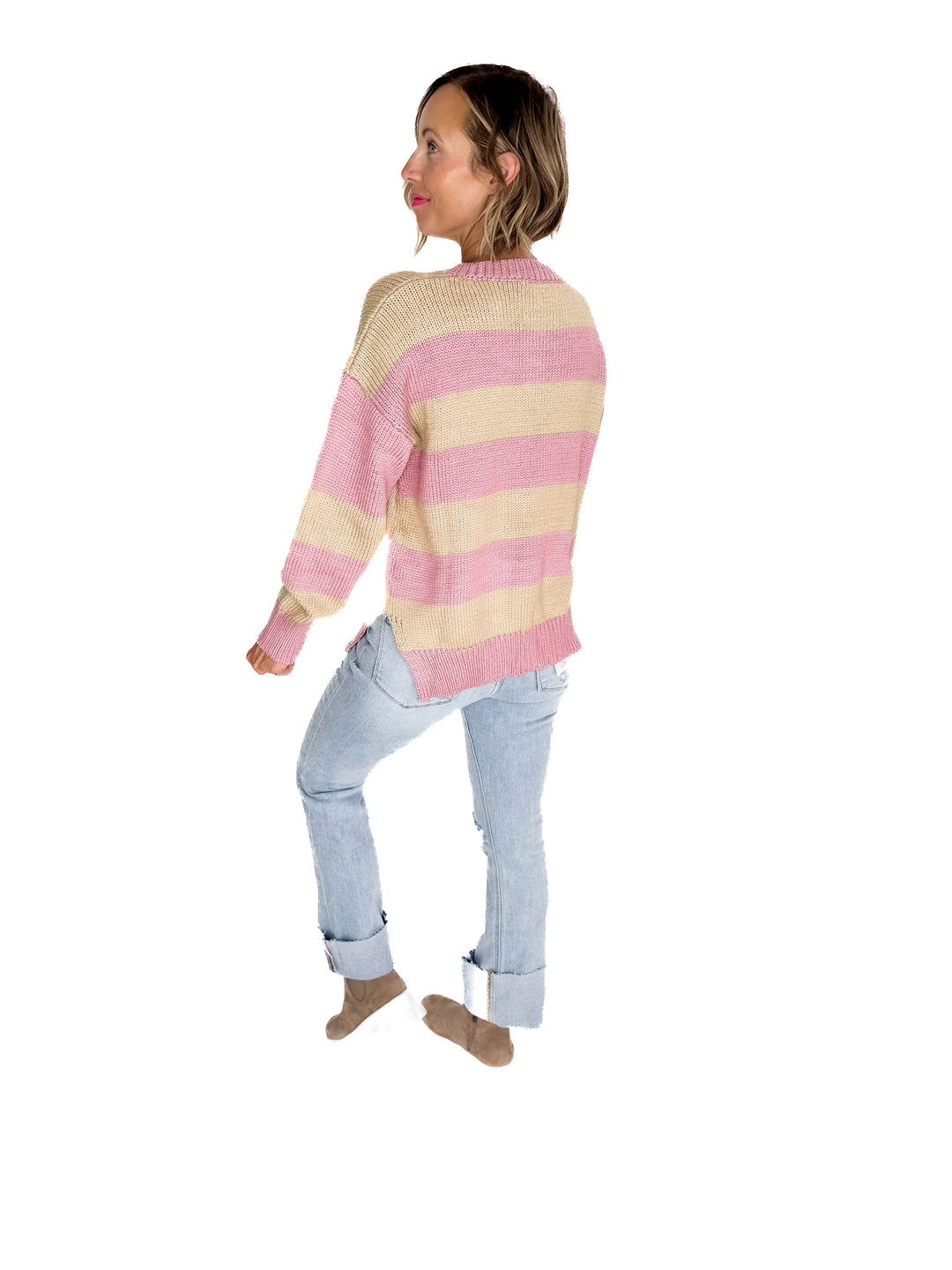 Tracly Striped Button Up Knit Sweater- MAUVE/TAUPE-FINAL SALE
