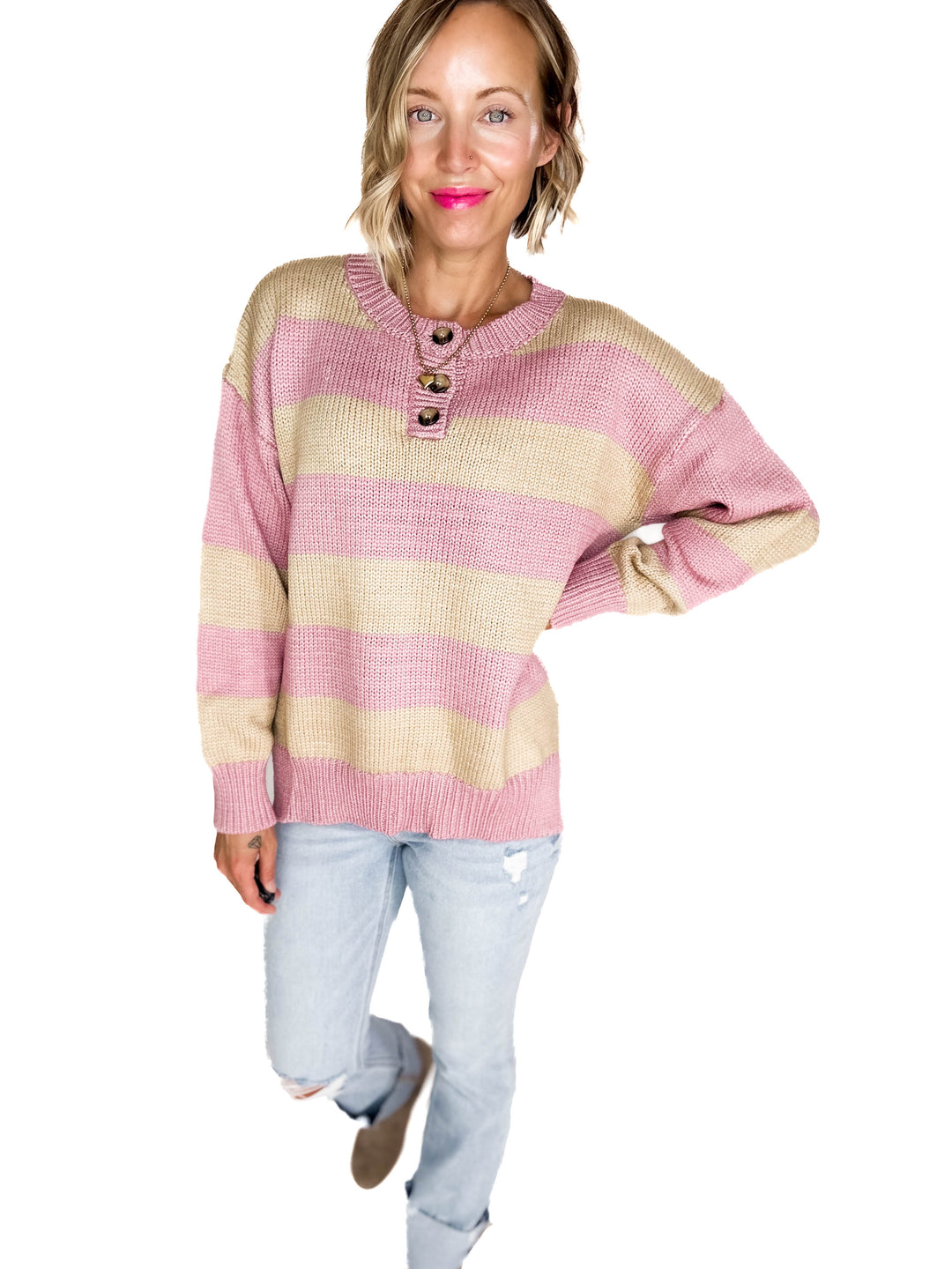 Tracly Striped Button Up Knit Sweater- MAUVE/TAUPE-FINAL SALE