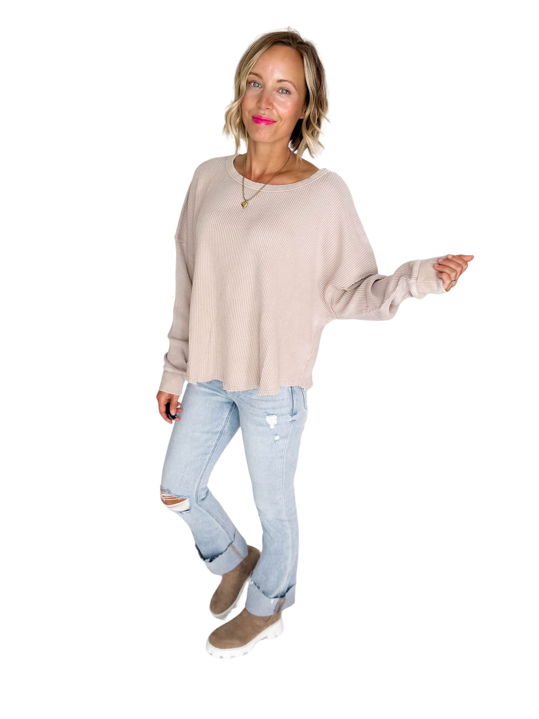 Arden Waffle Long Sleeve- LIGHT TAUPE