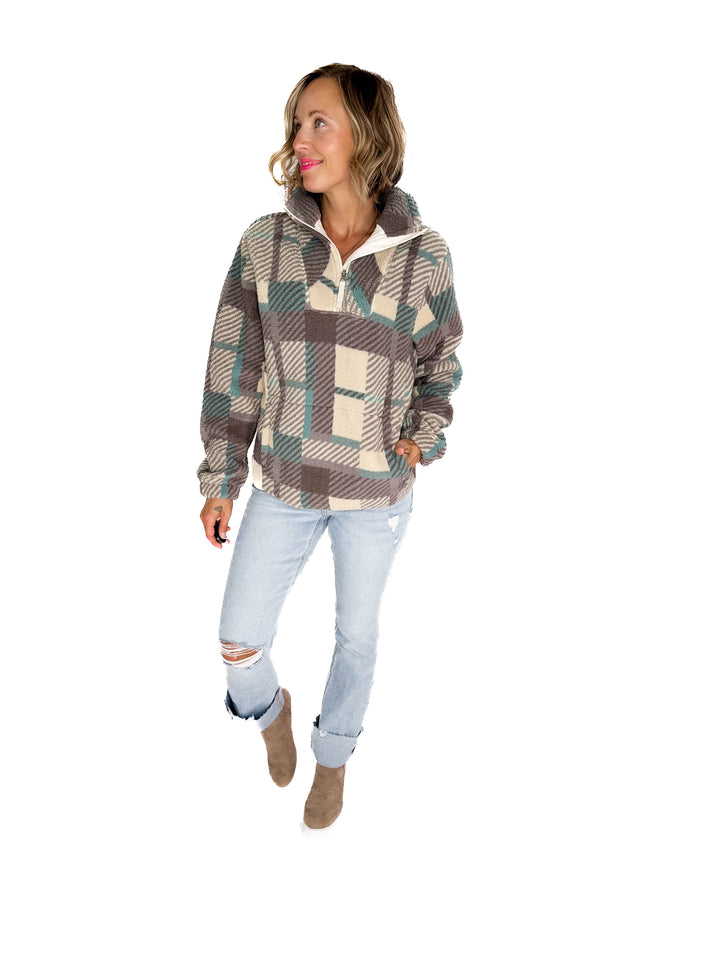 Ainsley Plush Sherpa Pullover- MODERN PLAID