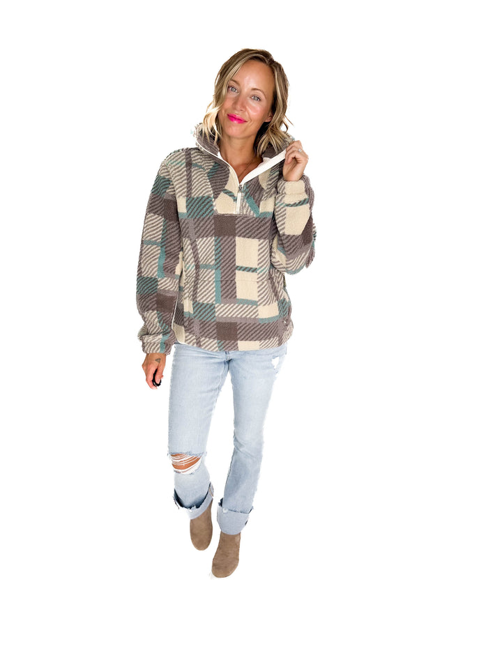 Ainsley Plush Sherpa Pullover- MODERN PLAID