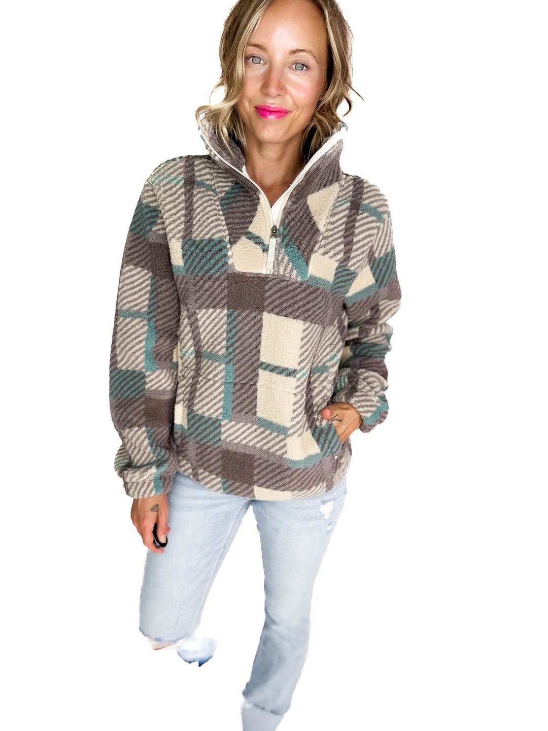 Ainsley Plush Sherpa Pullover- MODERN PLAID