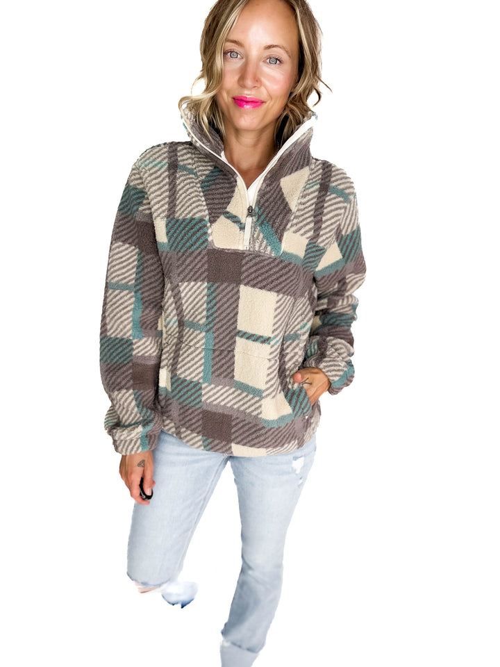 Ainsley Plush Sherpa Pullover- MODERN PLAID