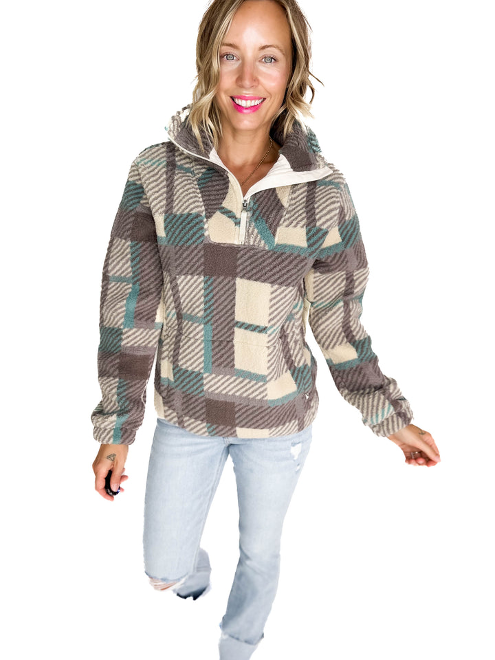 Ainsley Plush Sherpa Pullover- MODERN PLAID