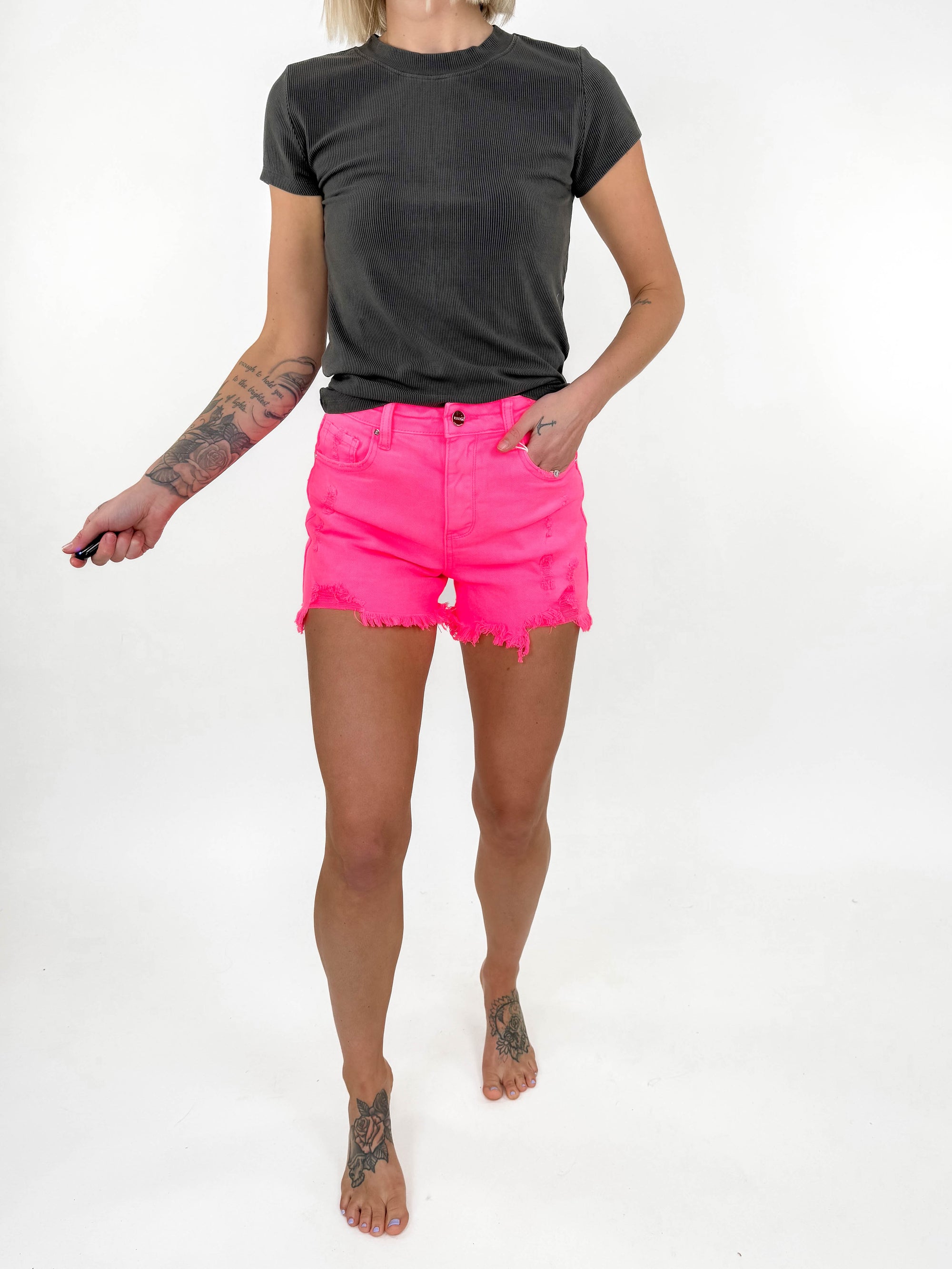 RISEN Tulum High Rise Distressed Shorts- HOT PINK