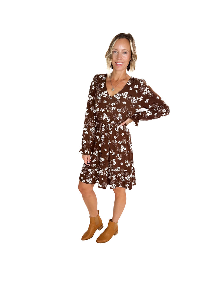 Faye Button Down Floral Dress- ESPRESSO/CREAM
