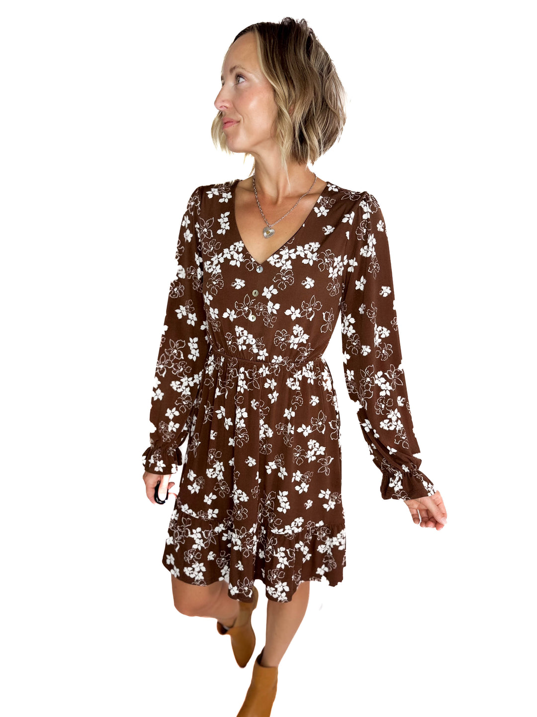 Faye Button Down Floral Dress- ESPRESSO/CREAM