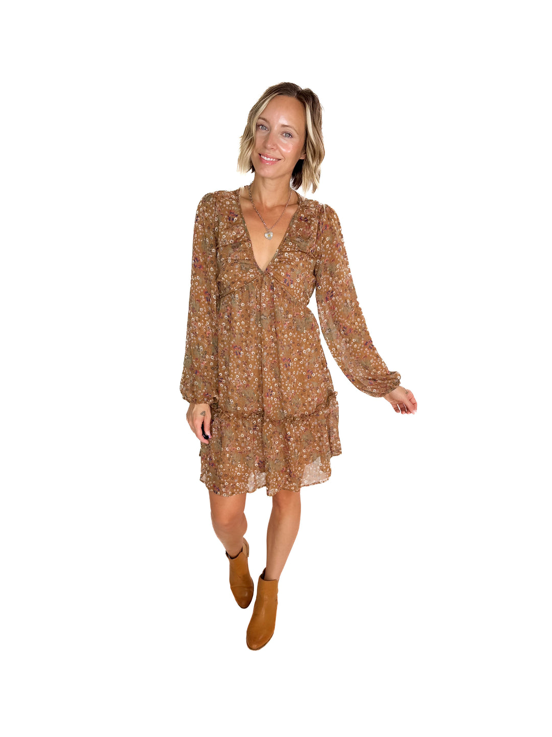 Cailyn Long Sleeve Floral Baby Doll Dress- MOCHA