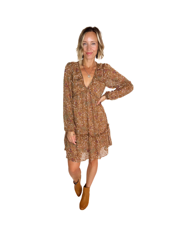 Cailyn Long Sleeve Floral Baby Doll Dress- MOCHA