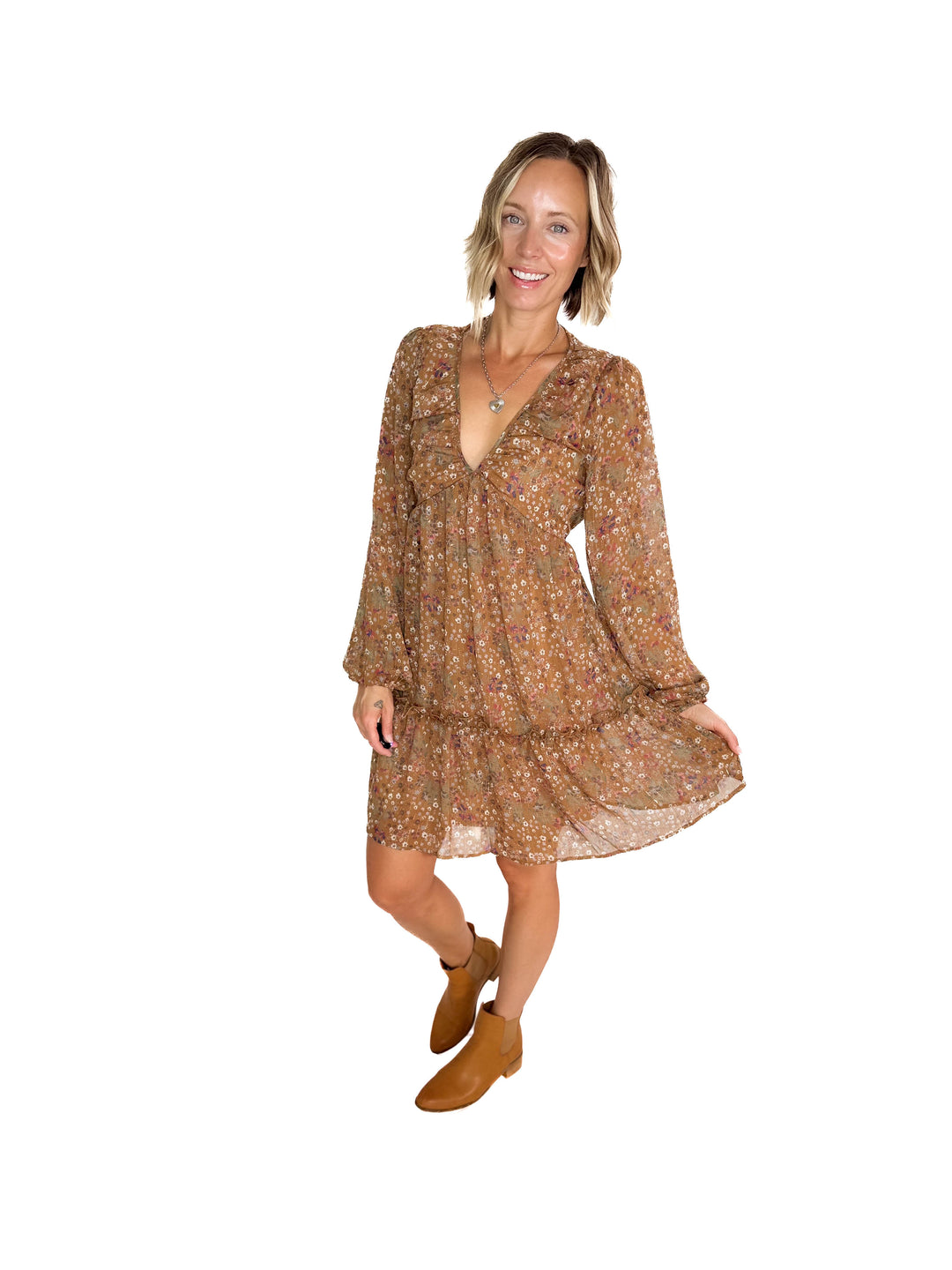 Cailyn Long Sleeve Floral Baby Doll Dress- MOCHA