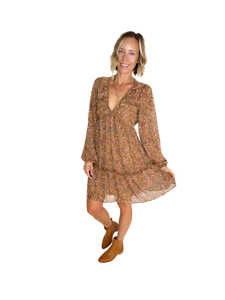 Cailyn Long Sleeve Floral Baby Doll Dress- MOCHA
