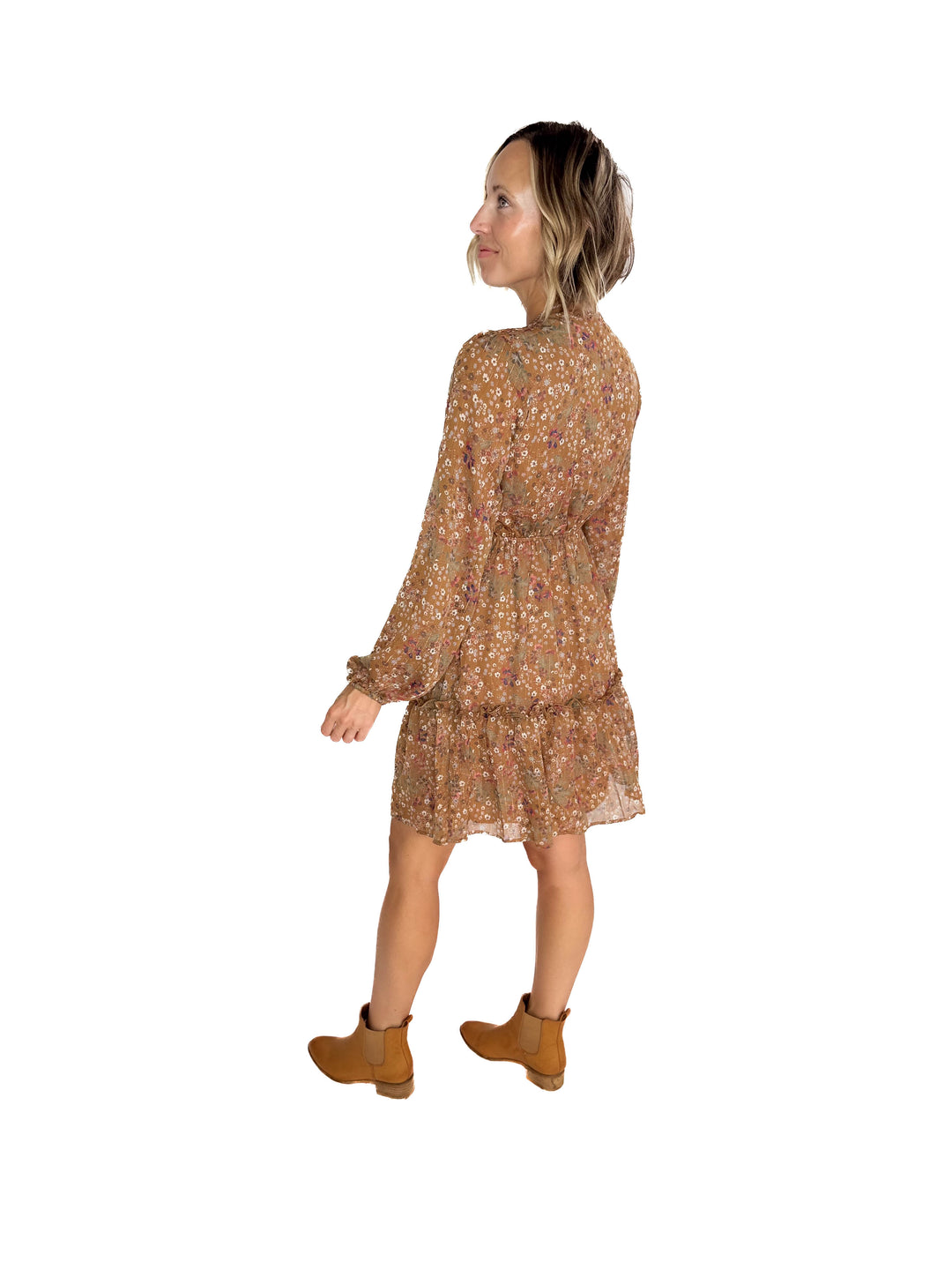 Cailyn Long Sleeve Floral Baby Doll Dress- MOCHA