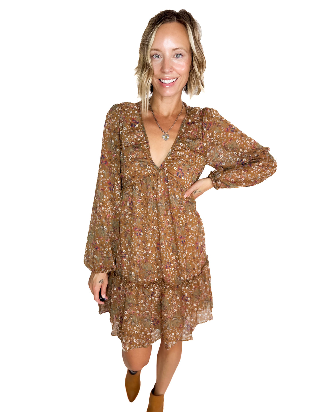 Cailyn Long Sleeve Floral Baby Doll Dress- MOCHA