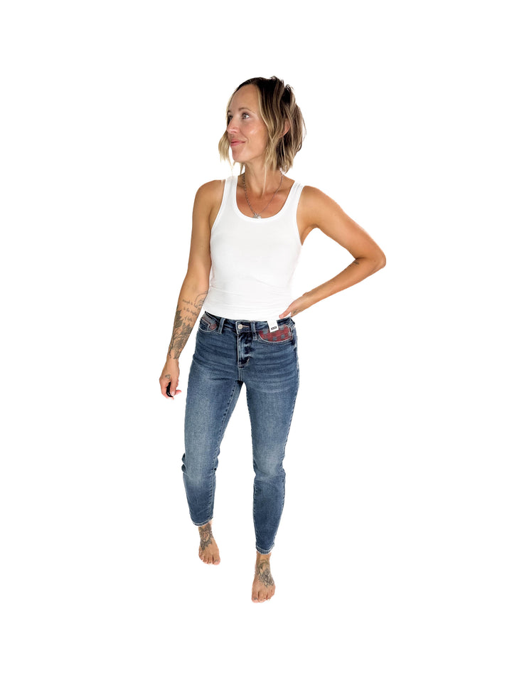 JUDY BLUE Hardy Plaid Patch Slim Straight Leg Jean