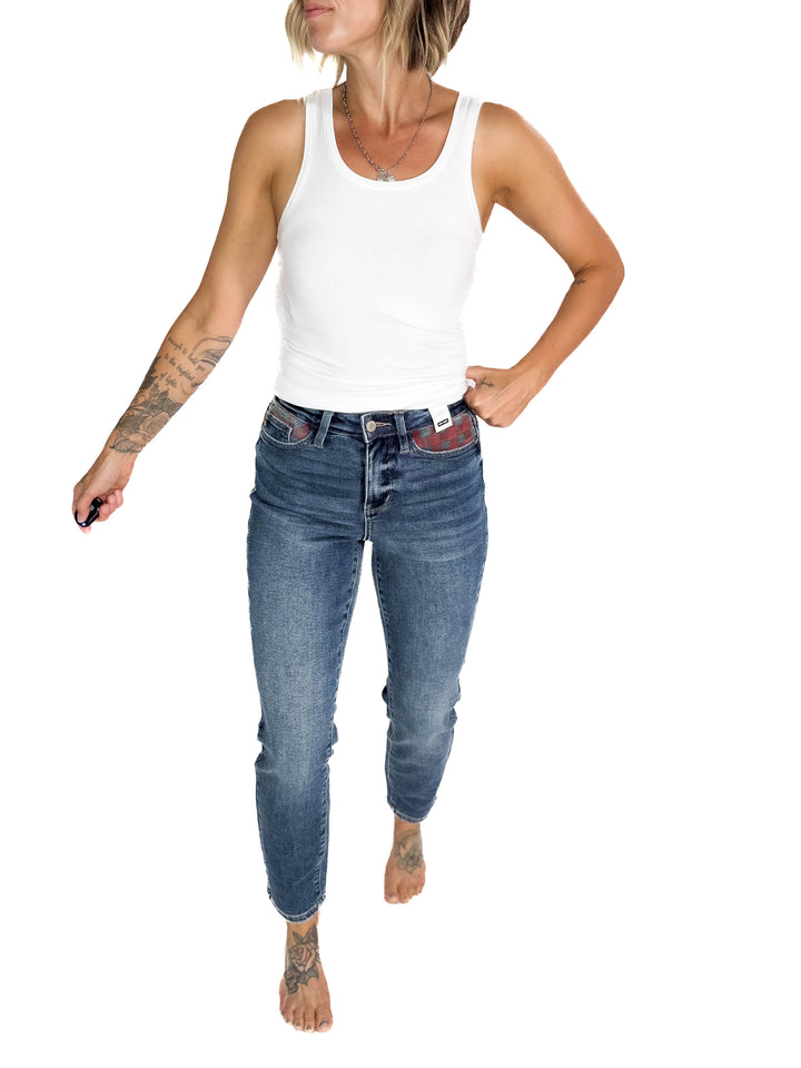 JUDY BLUE Hardy Plaid Patch Slim Straight Leg Jean